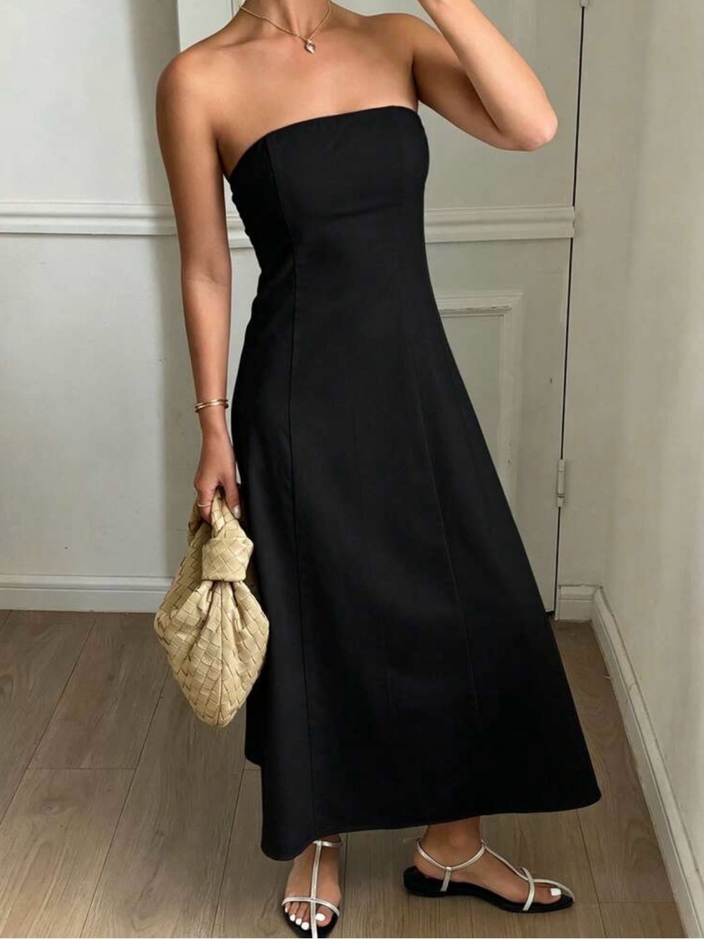 Linen Strapless Black Midi Dress - Elegant Minimalist